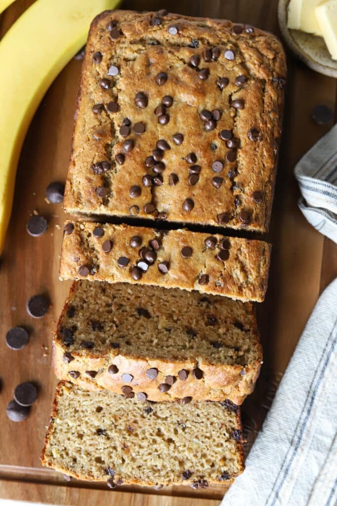 An overhead shot of kodiak banana bread sliced.