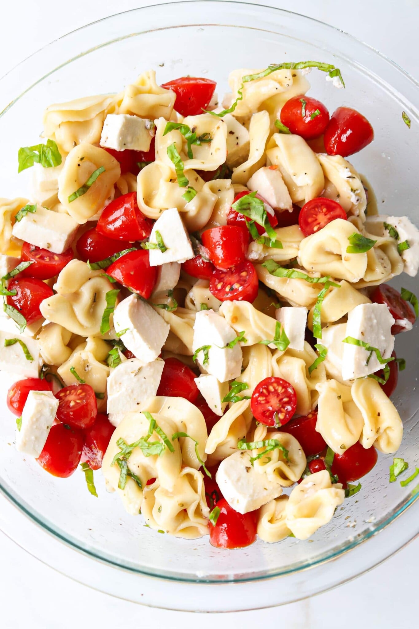 Mixed tortellini caprese salad in a bowl.