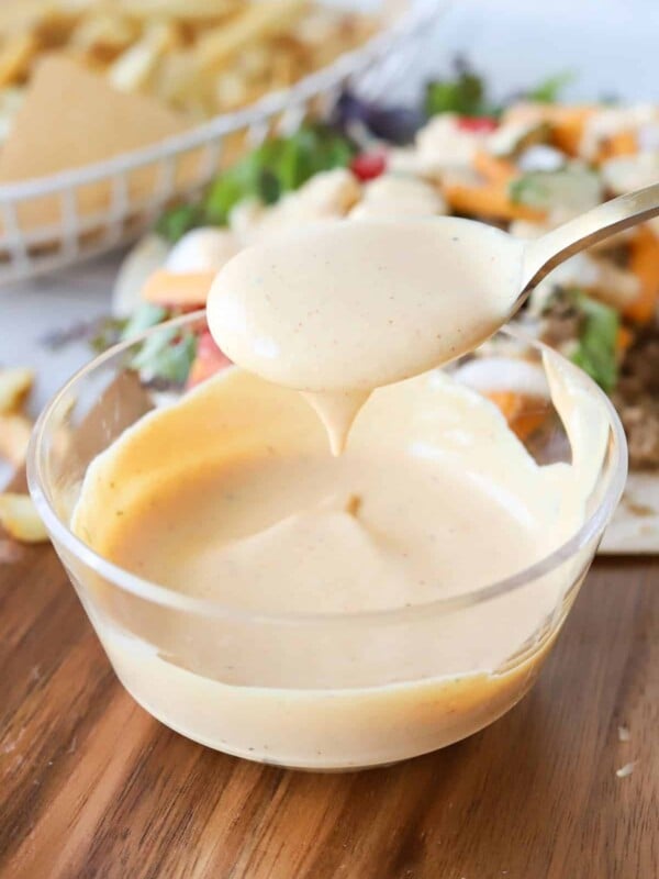 Healthy big mac sauce in a small bowl with a spoon.