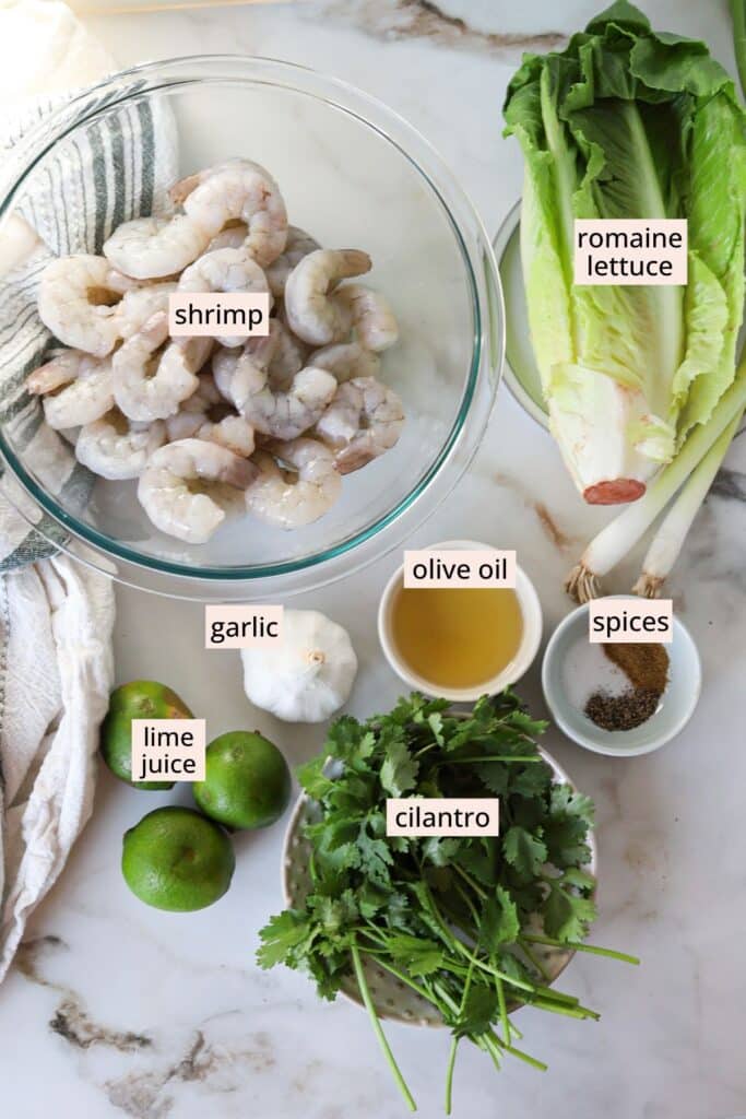 Ingredients for cilantro lime shrimp wraps on a countertop with labels.