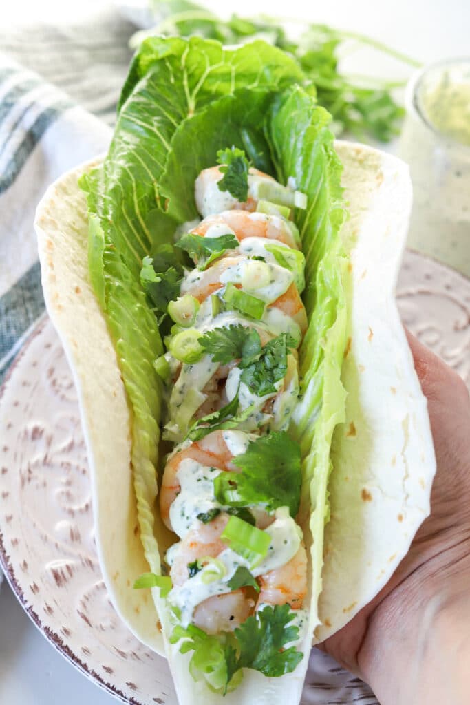 Cilantro lime shrimp wraps topped with garlic cilantro sauce on a plate.