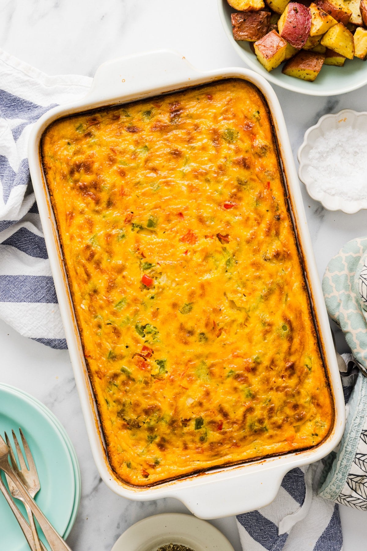 The cottage cheese egg bake in the rectangular baking dish after baking.