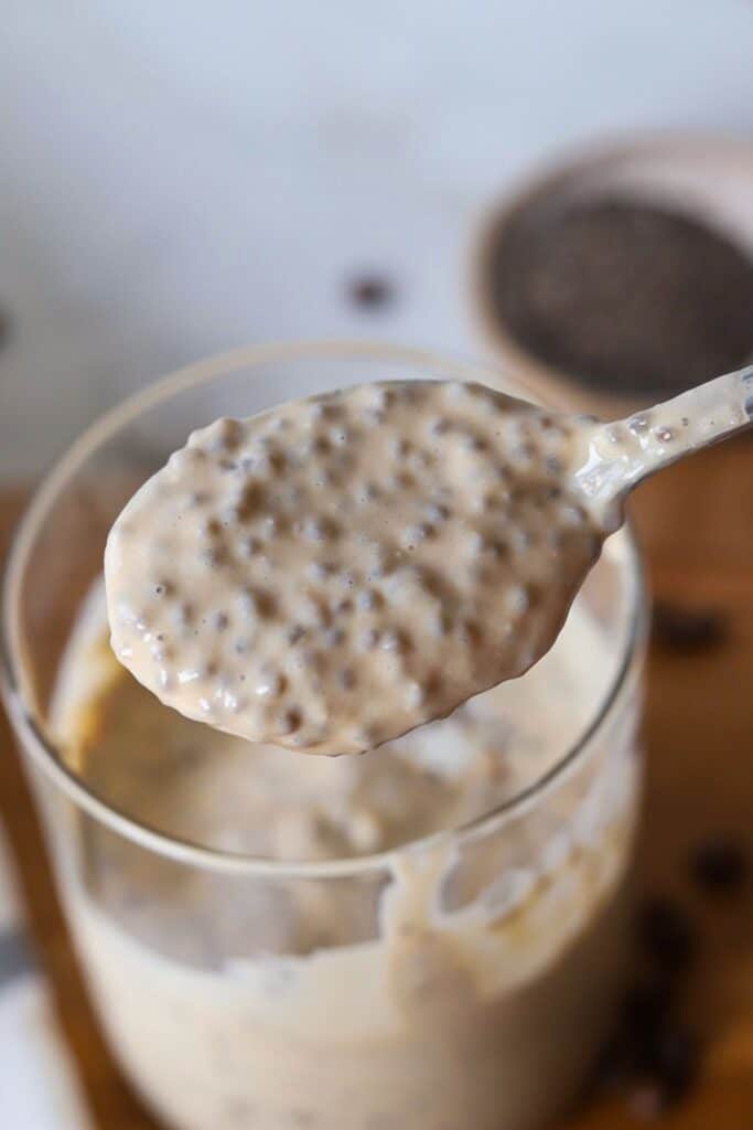 A spoonful of chia seed protein coffee pudding.