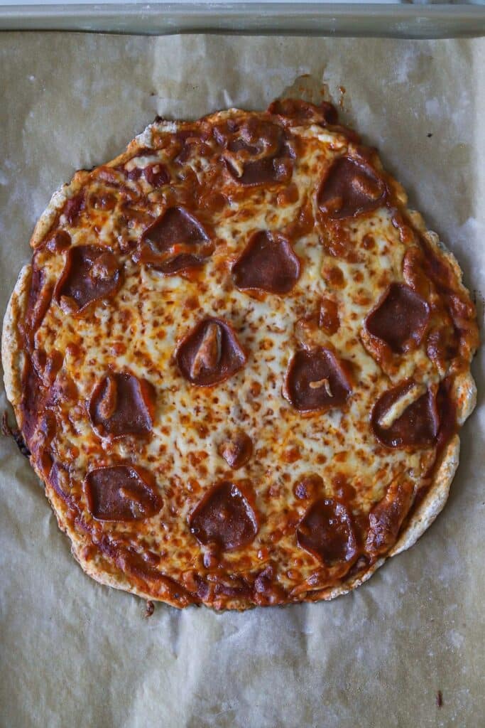 Cottage cheese pizza crust baked with tomato sauce, cheese and turkey pepperoni.