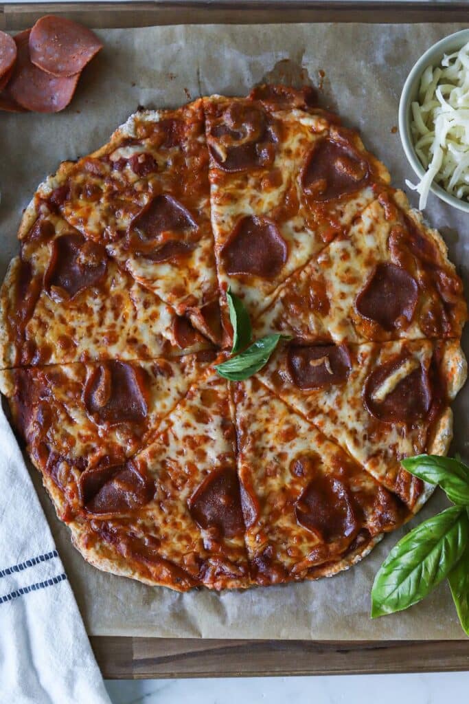 Cottage cheese pizza crust baked with tomato sauce, cheese and turkey pepperoni.
