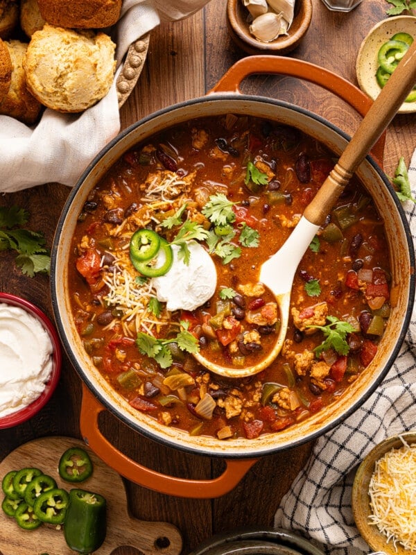 A ladle rests in a pan of hearty ground chicken chili.