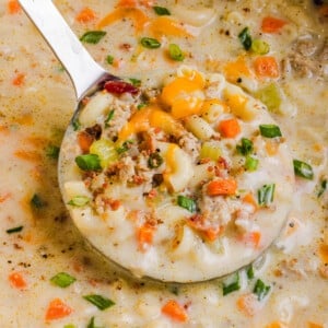 A ladle scoops up the finished cheeseburger macaroni soup from the pot for serving.