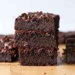 Cottage cheese brownies stacked.