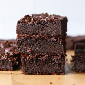 Cottage cheese brownies stacked.