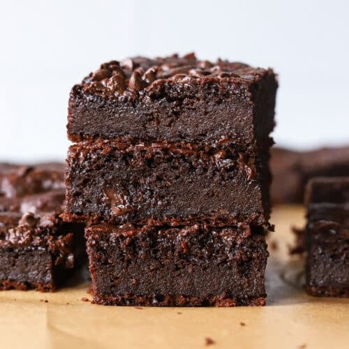 Cottage cheese brownies stacked.