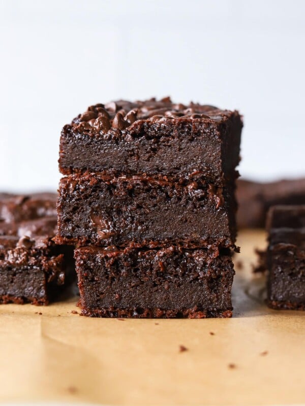 Cottage cheese brownies stacked.