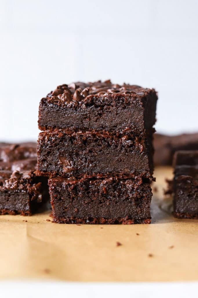 Cottage cheese brownies stacked.
