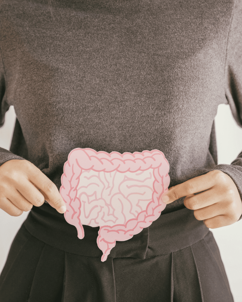 A woman holding a picture of the digestive system in front of her stomach.