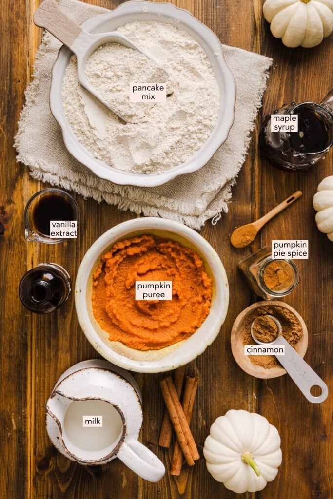 Ingredients for pumpkin pancakes with pancake mix laid out on a countertop with labels.