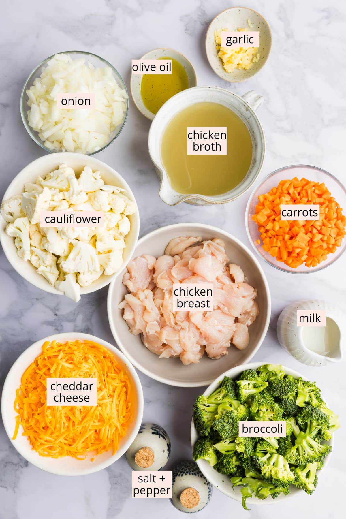 Ingredients for chicken broccoli cheddar soup on a countertop with labels.
