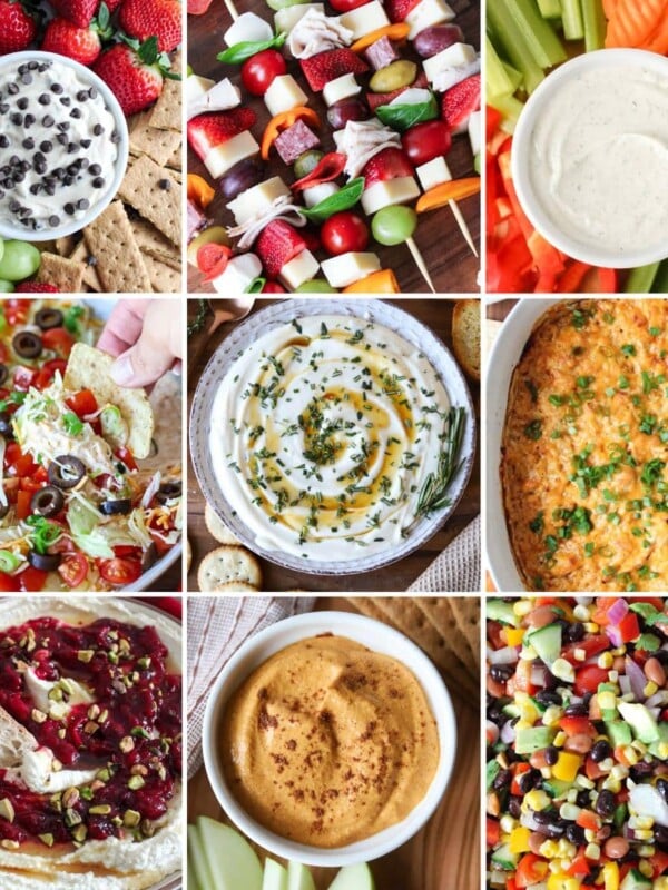 A grid style collage of holiday appetizers.