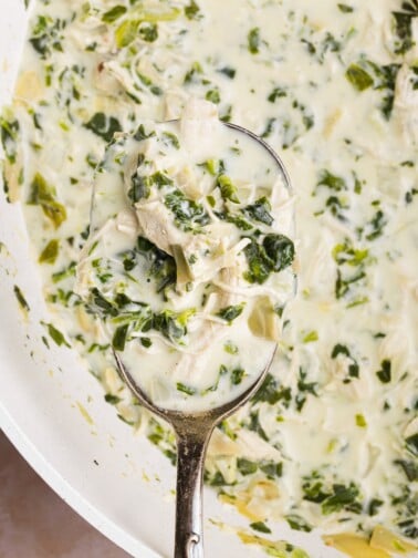 A close up shot of a large spoonful of chicken spinach artichoke soup.