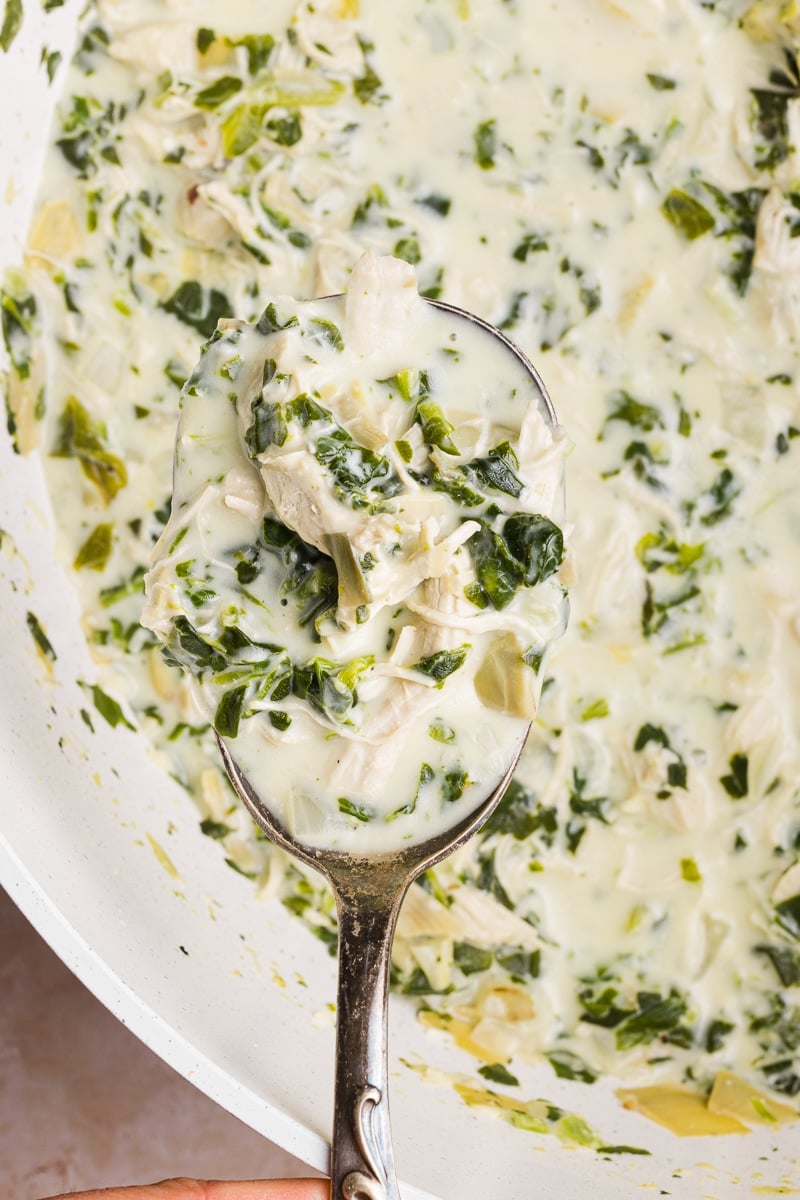 A close up shot of a large spoonful of chicken spinach artichoke soup.