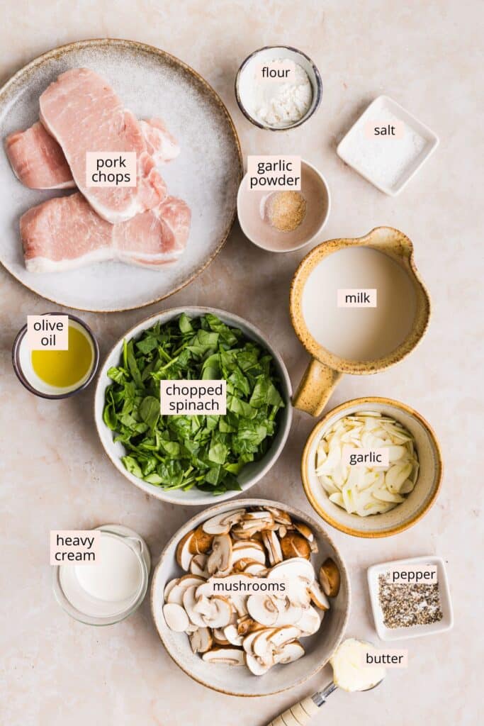 Ingredients for creamy garlic pork chops on a countertop with labels.