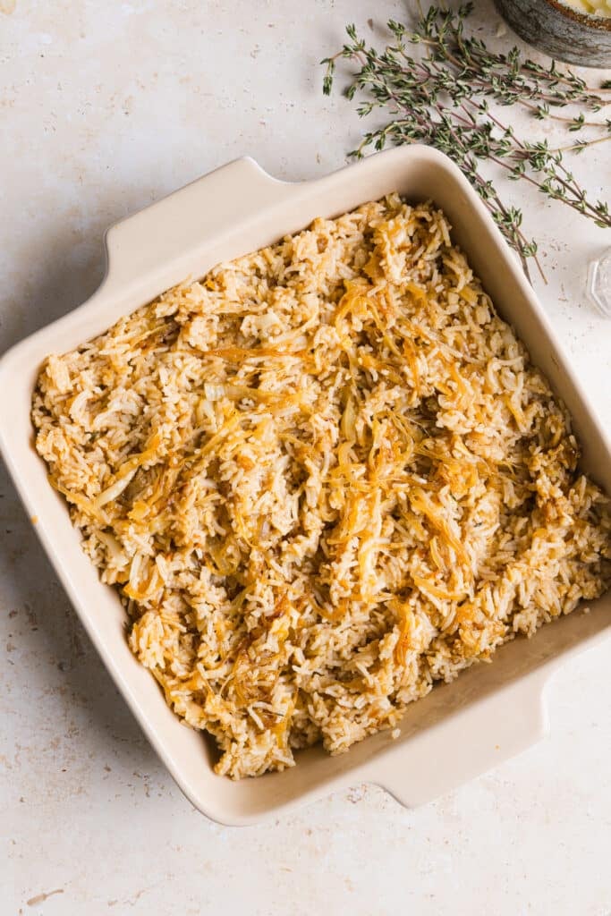 French onion soup rice in a casserole dish.