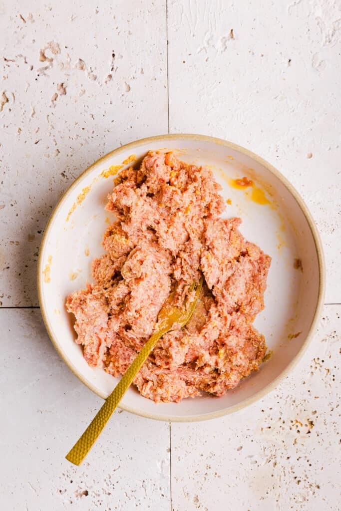 Ground turkey, breadcrumbs, egg, parmesan cheese and spices mixed up in a bowl.