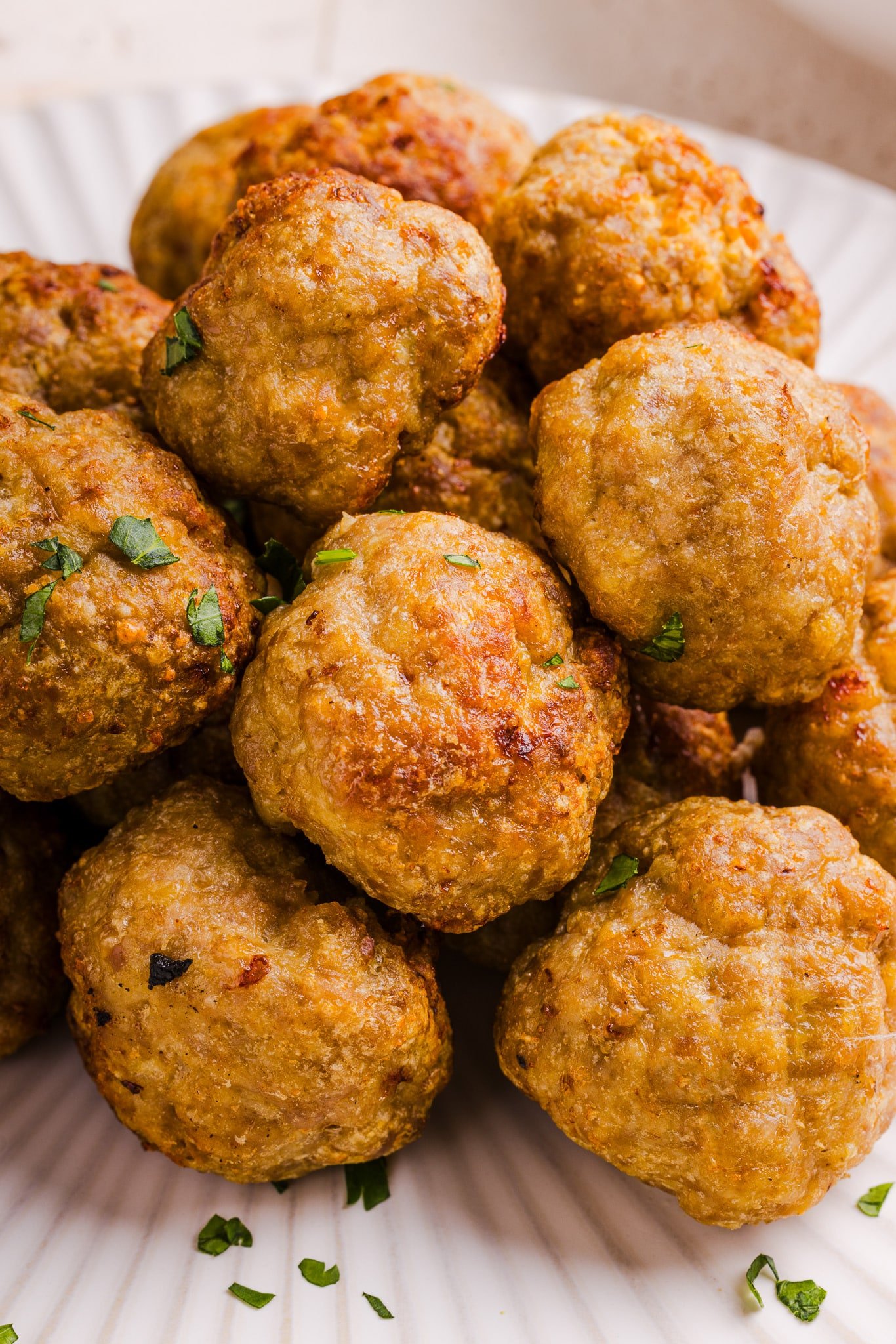 A close up shot of turkey meatballs that were made in the air fryer.
