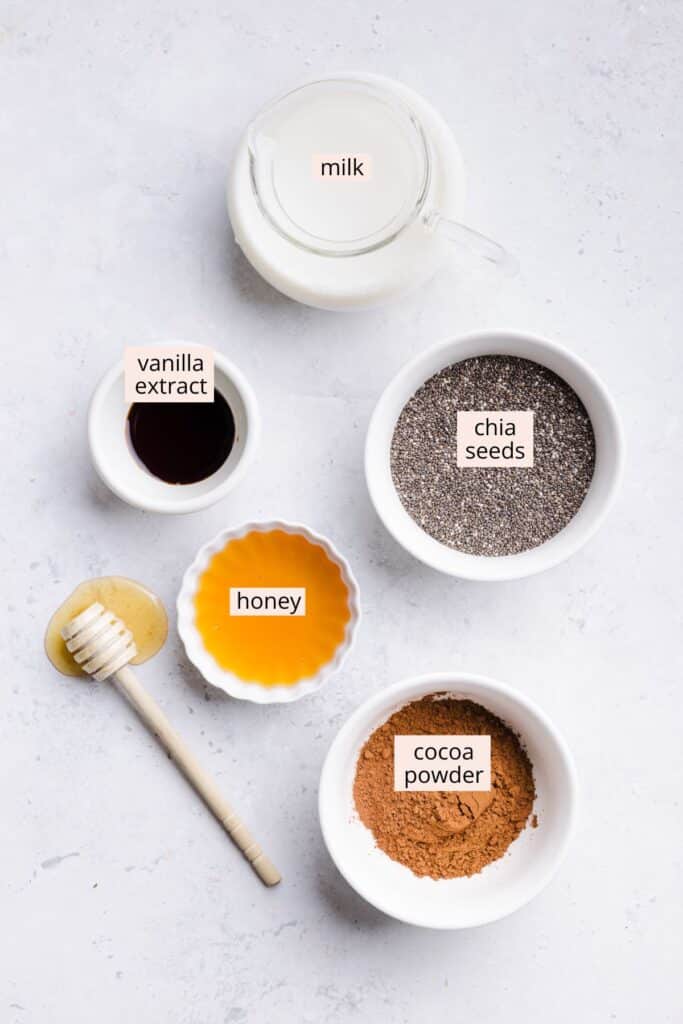 Chia seeds, vanilla, honey, milk and cocoa powder in small white bowls on a countertop.
