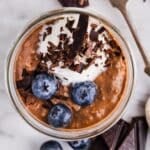A close up shot of chocolate protein overnight oats.