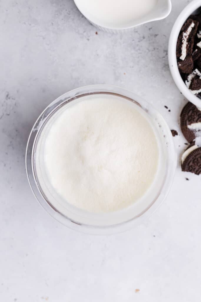Frozen ninja creami oreo milkshake base in the pint container.