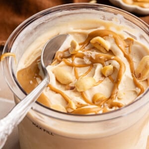 A spoon sits in a container of Ninja Creami Peanut Butter that was drizzled with peanut butter and chopped peanuts.