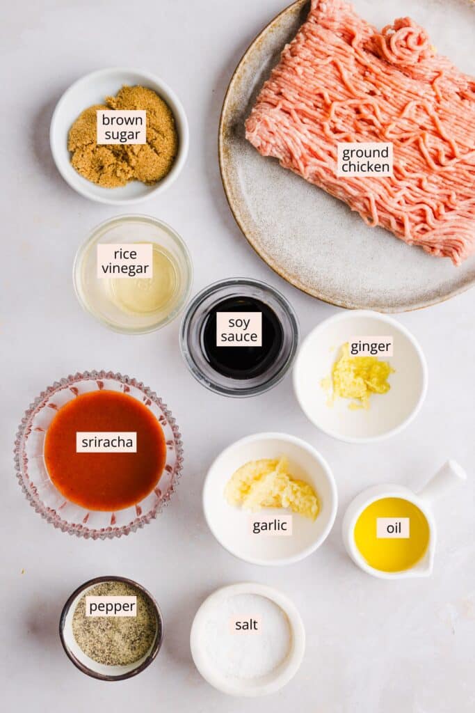 Ingredients for firecracker ground chicken on a countertop with labels.