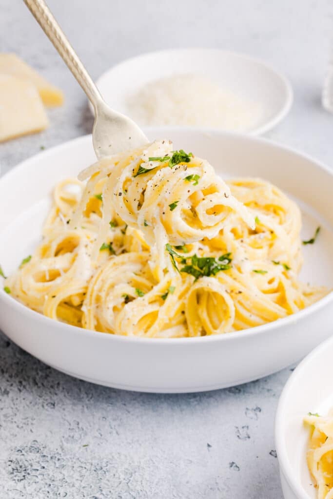 A forkful of pasta with Greek yogurt Alfredo sauce.