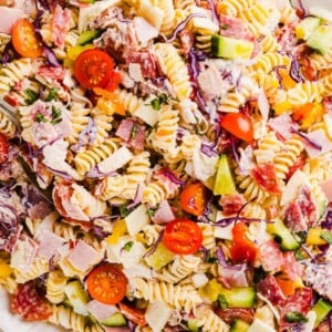 A close up shot of grinder pasta salad.