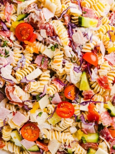 A close up shot of grinder pasta salad.