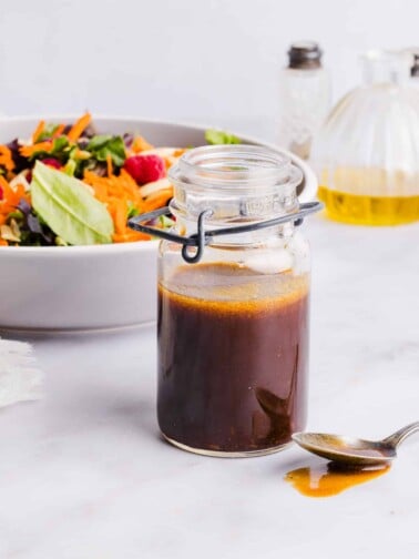 Maple balsamic dressing in a clear jar.
