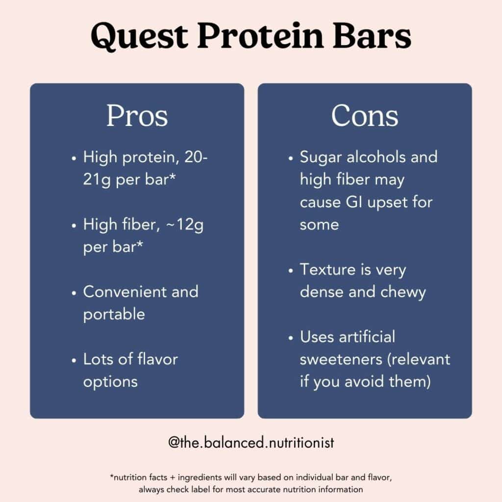 A graphic chart listing out the pros and cons of Quest protein bars.