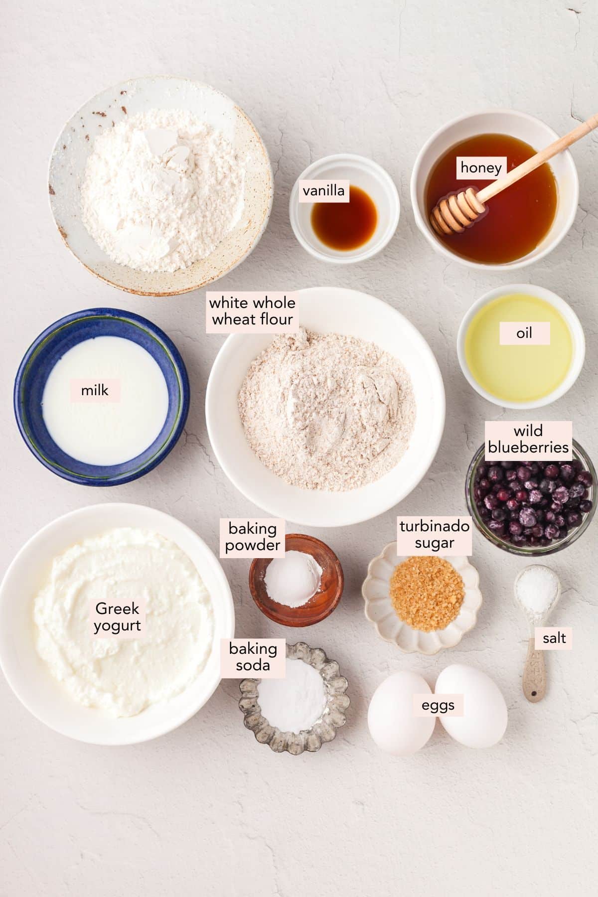 Ingredients for blueberry yogurt muffins on a countertop with labels.