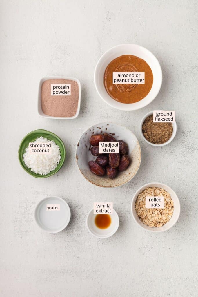 Coconut protein ball ingredients on a countertop with labels.