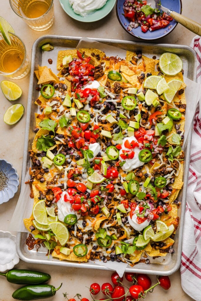 Ground turkey nachos on a sheet pan.