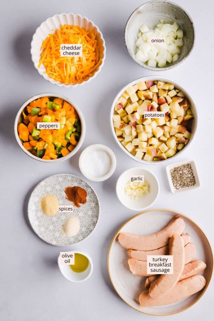 Ingredients for no egg breakfast casserole on a countertop with labels.