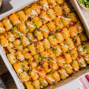 Chicken bacon ranch tater tot casserole baked in a dish.