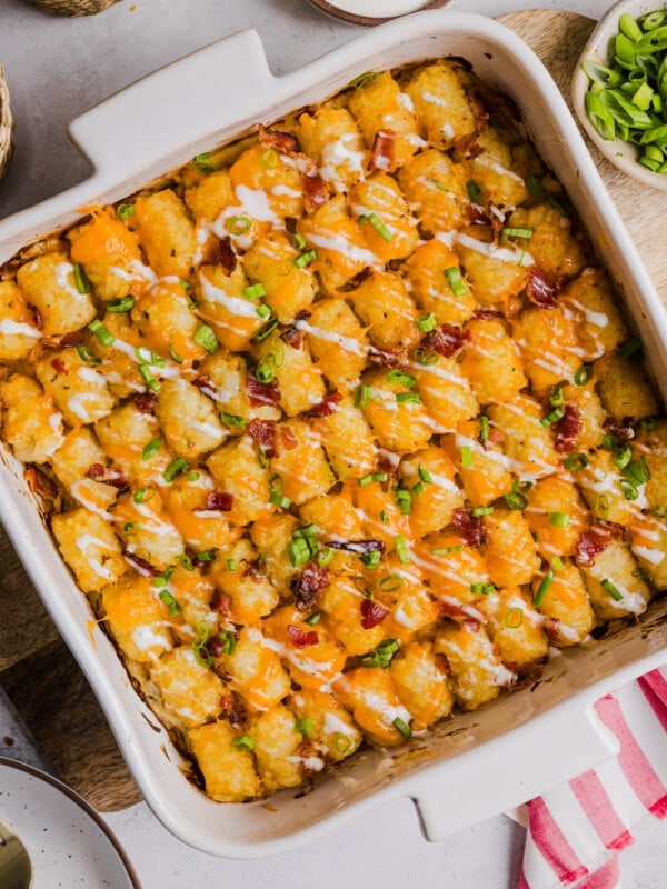 Chicken bacon ranch tater tot casserole baked in a dish.