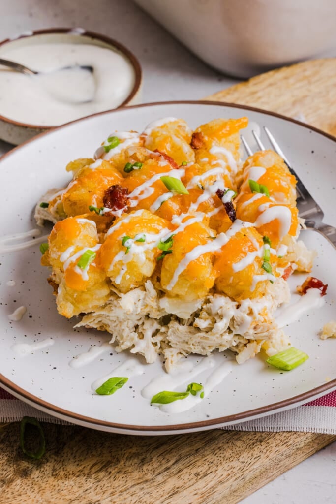 Chicken bacon ranch tater tot casserole on a plate.