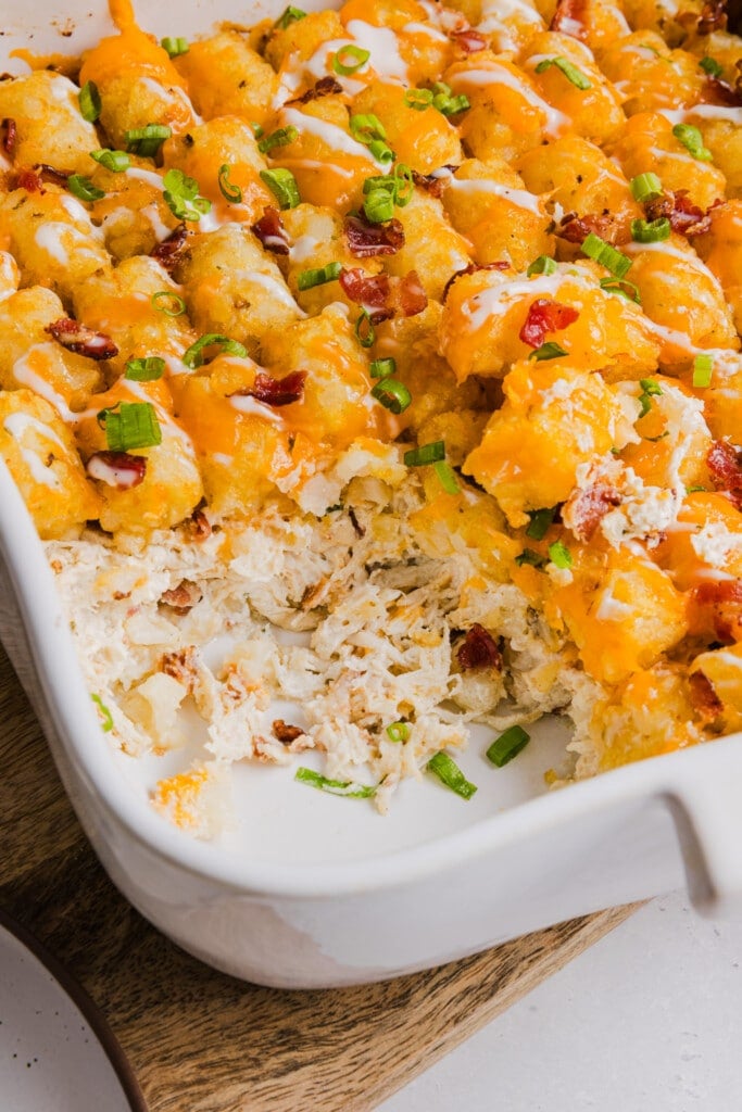 Chicken bacon ranch casserole with a scoop taken out.