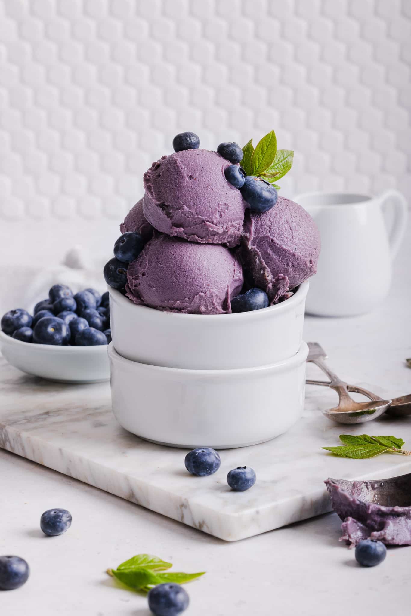 Ninja Creami blueberry ice cream in a white dish topped with extra blueberries and a sprig of mint.