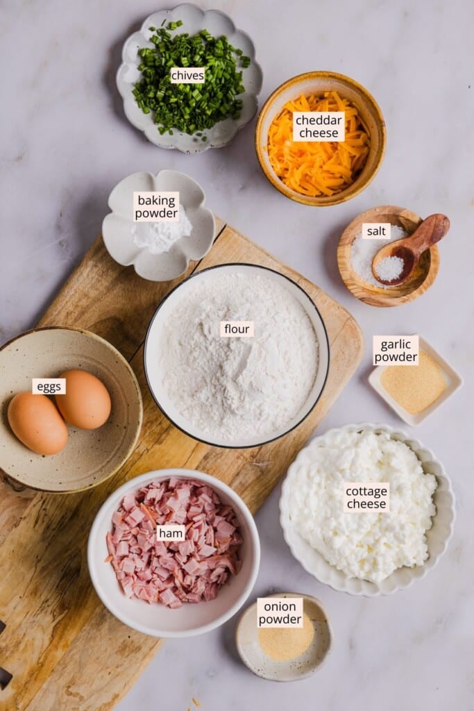 Ingredients for high protein breakfast biscuits on a countertop with labels.