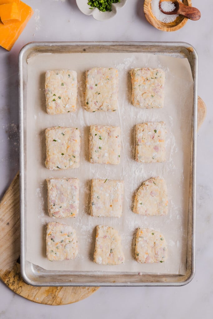 Protein biscuit dough arranged on a baking sheet.