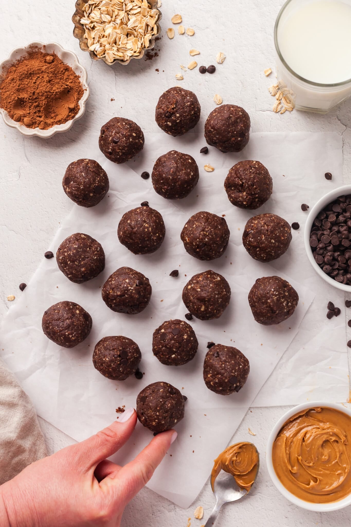 Protein brownie bites on parchment paper.