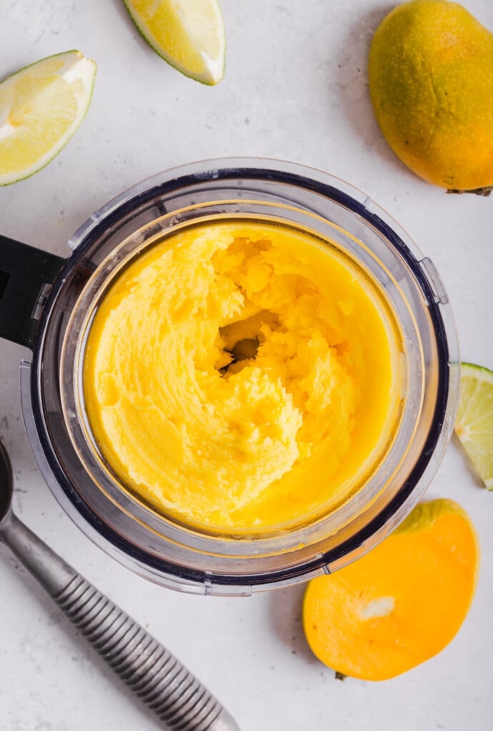 Mango sorbet blended in a Ninja Creami.
