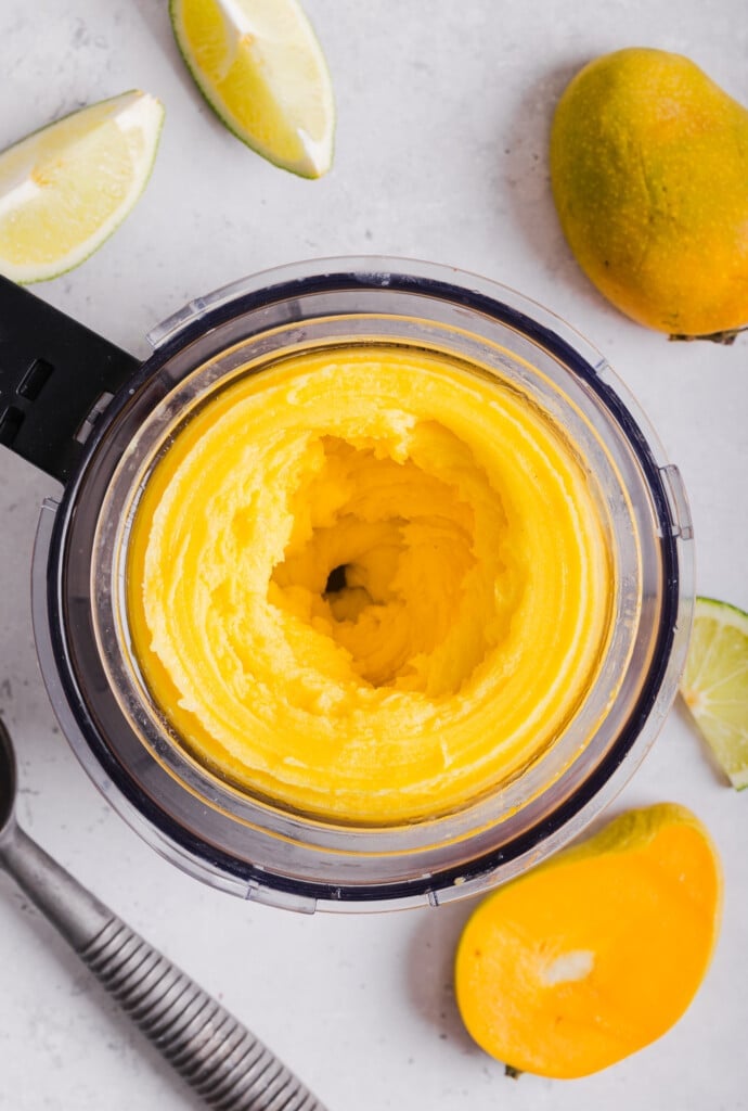 Mango sorbet after being blended in a Ninja Creami.